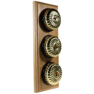 3 Gang 2 Way Light Oak, Polished Brass Fluted Dome Period Switch